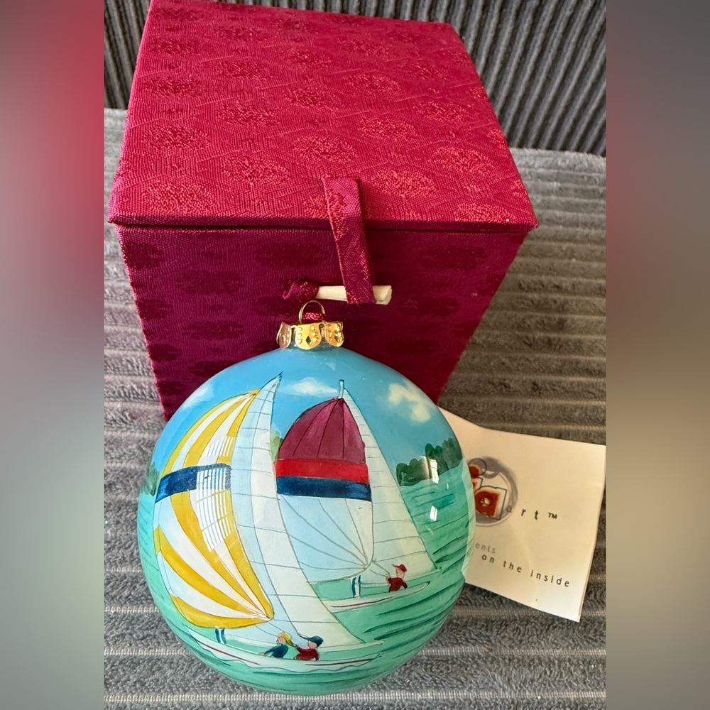 VTG Nautical Sailing Holiday Ornament with Gift Box Signed Inside Art Boat
